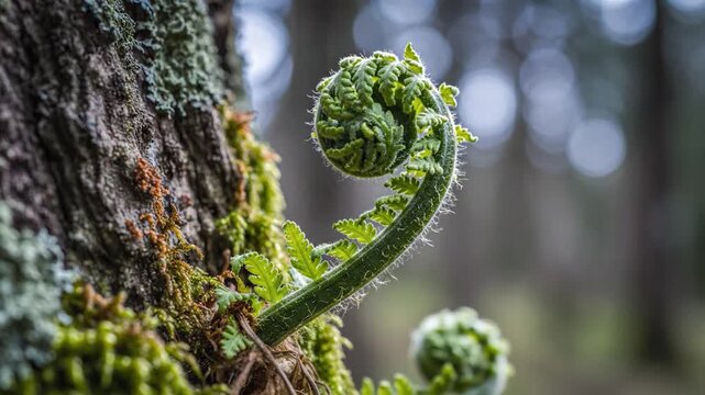 Close up unfurling fern fiddlehead growing on tree trunk in forest