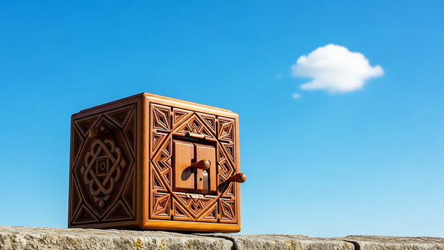 Ornate wooden prank trick box on stone wall against blue sky  