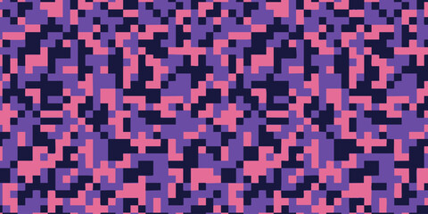 Fototapeta premium Vibrant pixelated pattern featuring pink, purple, and dark blue pixels in a digital illustration from a direct viewpoint
