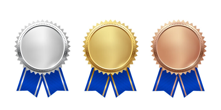 Gold, silver, and bronze medals. Realistic 3D award medals with blue ribbons, symbolizing first, second, and third place in sports, competitions, athletic events. Vector illustration.