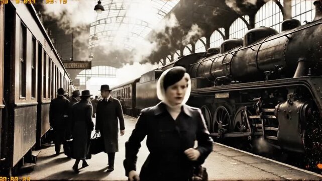 A man in a beige coat and fedora walks towards the camera on a train platform, with a vintage steam train and other people in the background