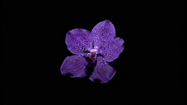 Elegant purple orchid flower illuminated by dramatic spotlight in minimalist setting.