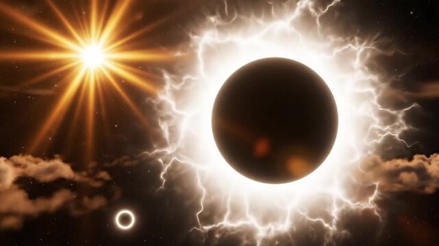 Solar eclipse with lightning and sun in the cloudy sky during daytime