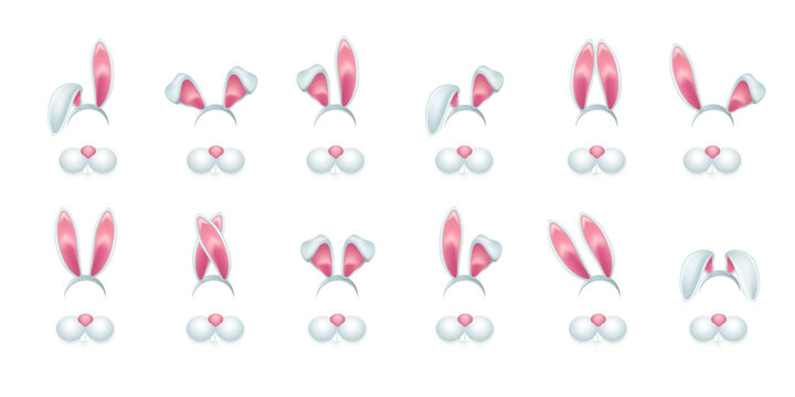 Easter bunny ears and nose set. Pink white rabbit ear headbands with matching noses in multiple variations. Cute festive elements for Easter themes, decorations. Realistic pastel vector illustration.