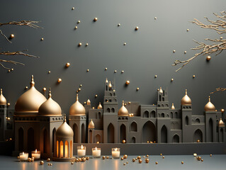 Ramadan Mubarak greeting card with gray mosque background