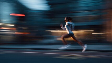 Woman running fast with motion blur at night