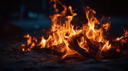 Fototapeta premium Campfire blaze: warmth and flames in a moonlit wilderness setting.