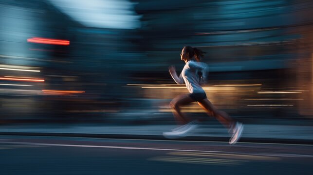 Woman running fast with motion blur at night