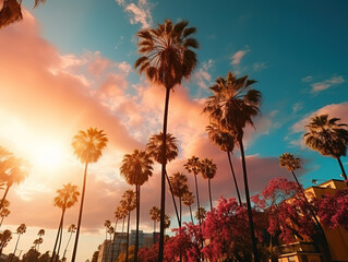 Low-angle shot of Los Angeles palm trees with sun rays peeking through
