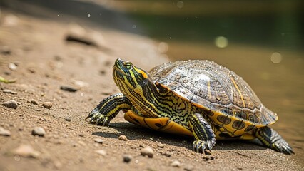 Obraz premium Red-eared slider turtle on sandy shore in dappled sunlight, emerging from water