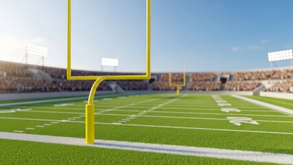 Fototapeta premium American football goalposts on a stadium field with blurred crowd