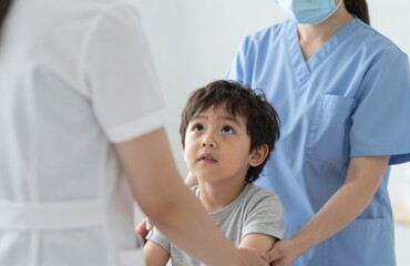 Fototapeta premium Young Patient Receiving Medical Care from Doctors, Child Looking Up During Examination in Hospital Setting