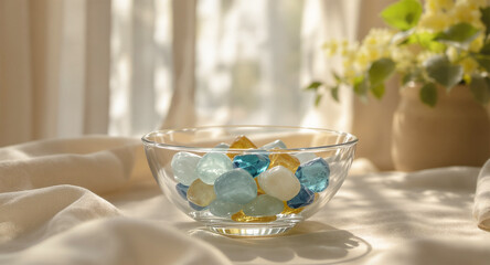 A glass bowl filled with colorful pebbles on a table by the window