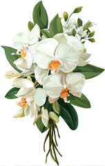 Naklejka premium Beautiful white orchid wedding bouquet featuring lush green leaves and delicate buds, perfect for romantic occasion. This elegant arrangement symbolizes love and purity, making it ideal choice
