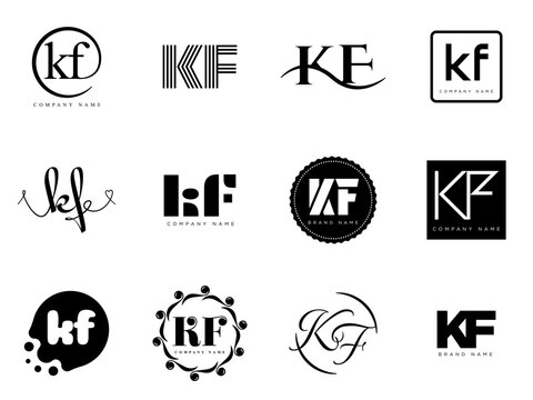 KF logo company template. Letter k and f logotype. Set different classic serif lettering and modern bold text with design elements. Initial font typography.