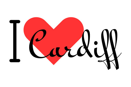 I love Cardiff, city of United Kingdom. Hand drawn letters with red heart. Vector illustration lettering, modern design