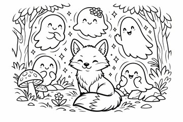 Fototapeta premium Cute woodland line illustration of a smiling fox sitting among happy ghostlike forest spirits, mushrooms, and trees, perfect for whimsical children?s coloring books and party decor.