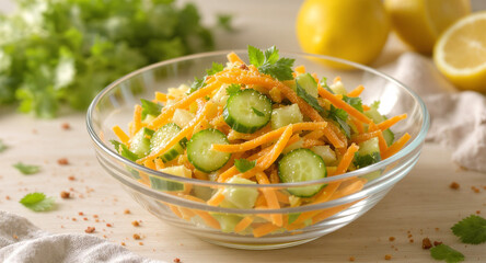 Fresh cucumber and carrot salad in a glass bowl on wooden table