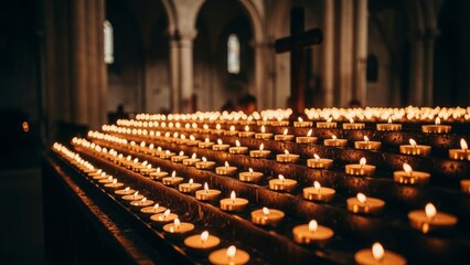 Obraz premium Rows of lit prayer candles in a dimly lit cathedral church with a cross in the background