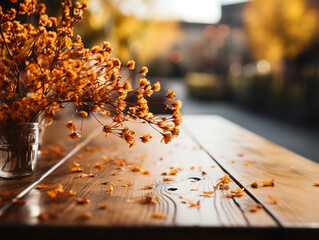 Rustic wooden table with a blurred autumnal background bursting with rich hues