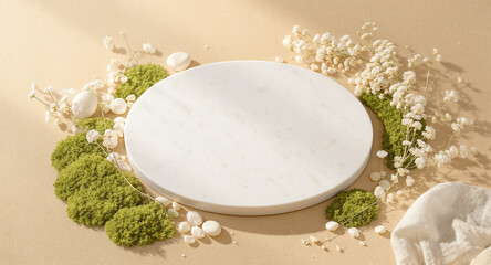A white circular marble object surrounded by flowers and greenery on beige background