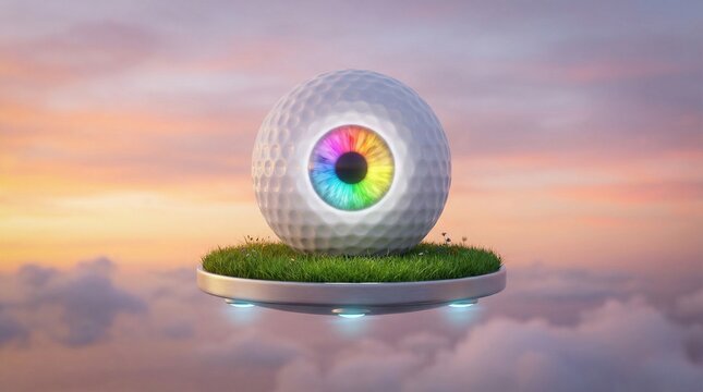 Surreal 3D Idea Sculpture: Golf Ball Eyeball with Color Wheel Iris on Floating Grass Platform