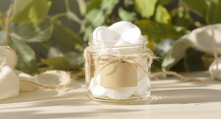 A small glass jar filled with cotton pads on a table