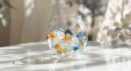 A glass bowl with colorful ice cubes on a white table