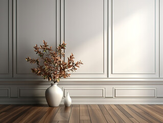 White classic wall with intricate details, brown wooden floor, and a framed picture with a plant vase