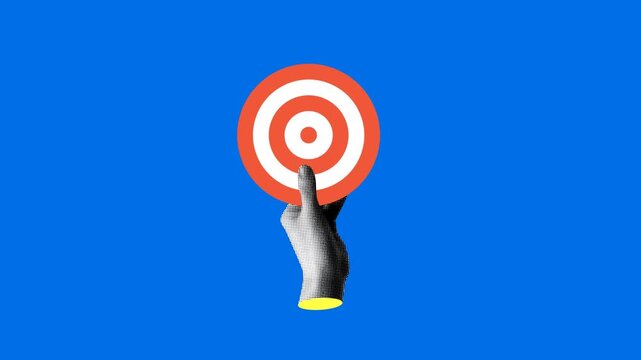 Arrow hits the center of the target. Successful business concept. Motivation and goal achievement. Dartboard in hand. Collage animation