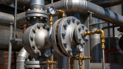 Industrial pipeline system with valves, flanges, and analog pressure gauges. Metal pipes, some insulated, show controlled transport of liquids or gases in a production facility