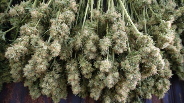 Freshly harvested cannabis buds hanging to dry for processing.