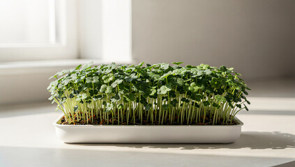 A small green plant sitting on a white surface near a window