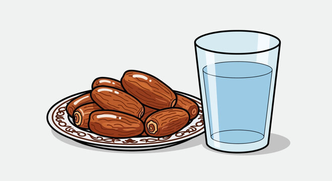 Iftar Fast Breaking Concept with Dates and Glass of Water Illustration