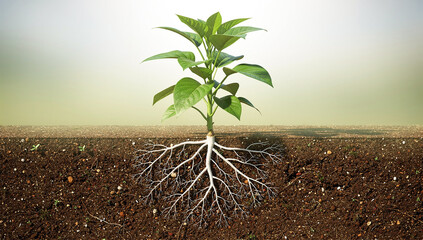 A small green plant growing in soil with visible roots and leaves