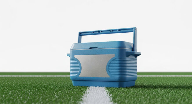Super Bowl Hydration: Gatorade Cooler on Football Field Turf Ready for Game Day Refreshment