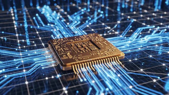 Gold microchip on blue circuit board background technology concept