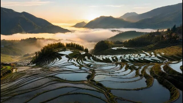 Terraced fields scenery, aerial views of terraced fields, farmland, countryside, mountains, sea of ​​clouds, scarecrows