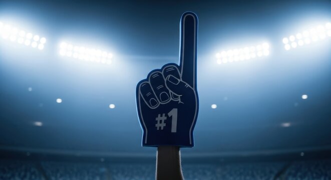 Super Bowl Fan with Number One Foam Finger in Stadium Lights