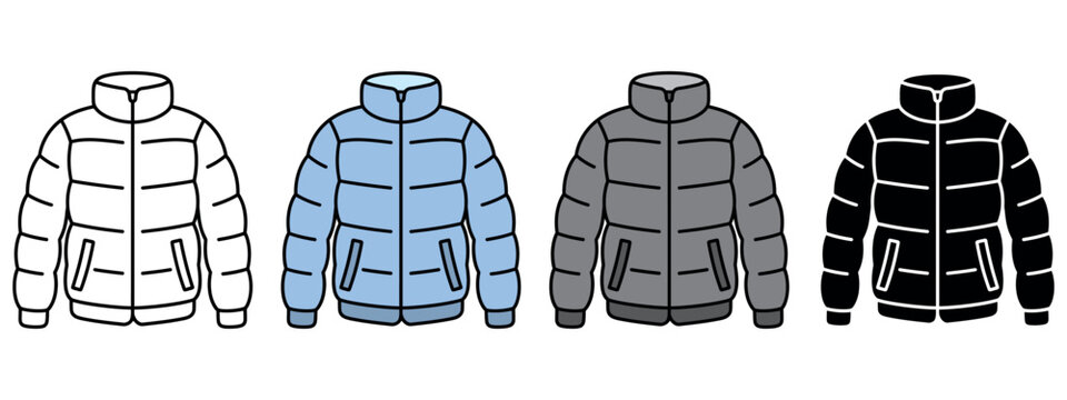 Four winter puffer jackets isolated on white background for fashion and retail