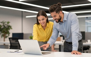 Obraz premium Two Smiling Professionals Collaborating on Laptop in Modern Open Office, Demonstrating Teamwork and Innovation