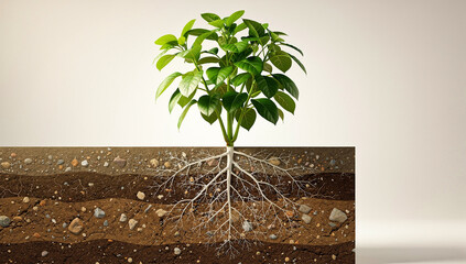 A small plant growing in soil with visible roots and green leaves