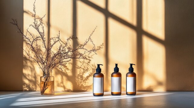 Minimal skincare bottles with pump dispenser in warm natural sunlight, organic cosmetic packaging mockup with shadow and copy space, wellness and spa concept.