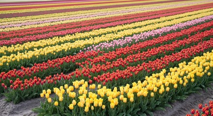 Fototapeta premium Vibrant and Colorful Tulip Fields in Full Bloom Creating a Stunning Spring Landscape Scene