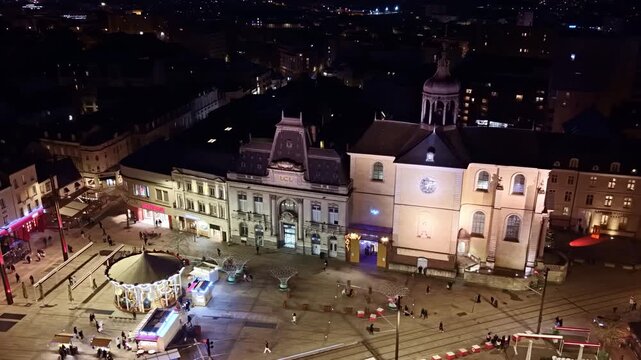 Aerial view of Place de la R&eacute;publique at night, carousel and Chapelle de la Visitation in Le Mans, France