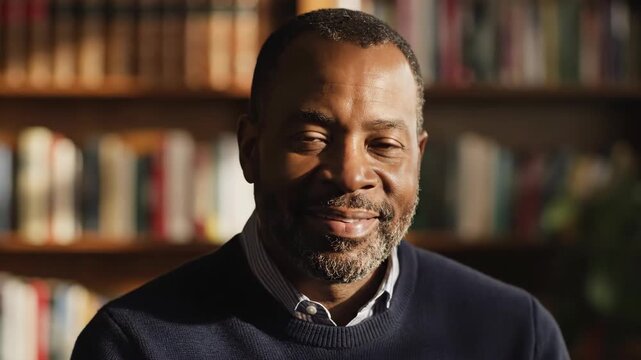 A distinguished African American man with a beard smiles warmly in a library setting, exuding wisdom and approachability.