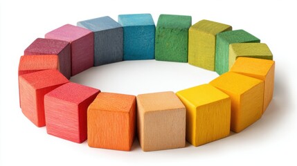 Obraz premium Colorful circle of wooden blocks arranged in graded rainbow spectrum.