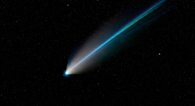 Bright blue comet flying through dark starry space background with long glowing tail representing cosmic event and astronomy science concept