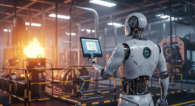 Futuristic humanoid robot holding digital tablet controlling industrial manufacturing process in factory for automation technology and artificial intelligence concept business