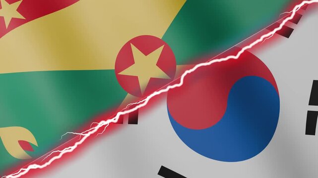 Two waving flags Grenada and South Korea with diagonal lightning seamless, 4k loop